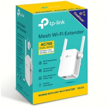 Усилитель Wi-Fi сигнала TP-Link RE205 (2,4 + 5 ГГц; 2,4ГГц 300 Мбит/с;5ГГц 433 Мбит/с;1х10/100Мбит/с (Код: УТ000014095)
