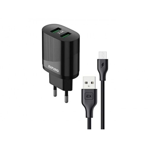 Зарядное устройство Exployd, micro USB, 2.4A, 2хUSB, чёрный, Easy