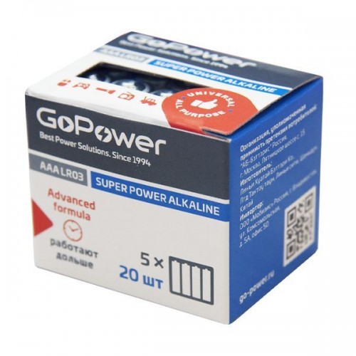 Элемент питания GoPower LR6 AA 20 BOX Shrink 4 Alkaline 1.5V (4/2...