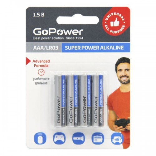 Элемент питания GoPower LR03 AAA 4BL Alkaline 1.5V (4/48/576) (Ко...