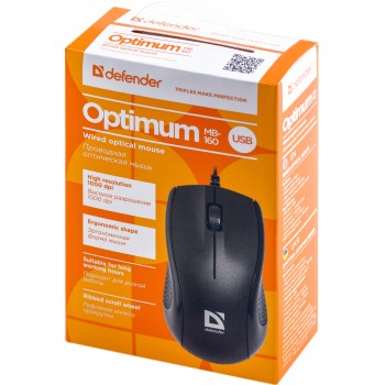 Мышь Defender Optimum MB-160, USB, проводная, 3 кнопки, черный, длина кабеля 1,5 м. (Код: УТ000003944)