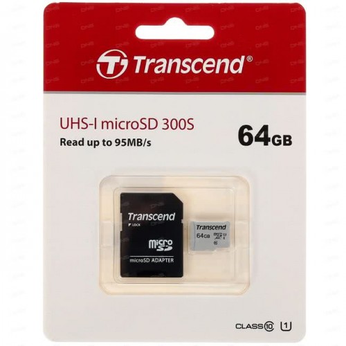 Карта памяти MicroSD  64GB  Transcend 300S UHS-I U1 + SD адаптер 