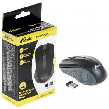 Мышь Ritmix RMW-555, чёрный/серый, беспроводная USB-Dongle. Разрешение: 1000 dpi. Кнопок: 2 + колесо кнопка. Радиус: 8-10 м. Источн (Код: УТ000018751)