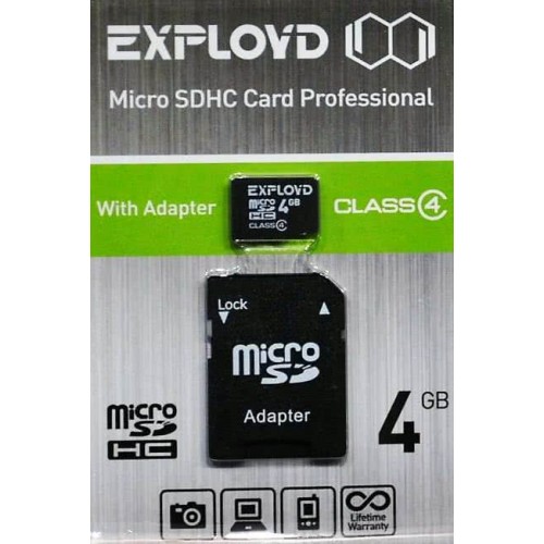 Карта памяти Exployd 4GB microSDHC Class4 с адаптером SD (Код: УТ