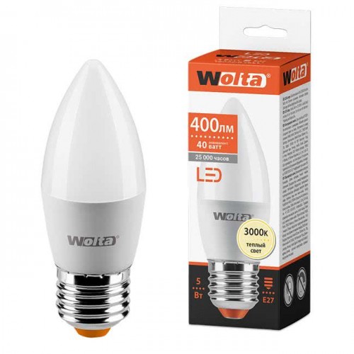 Лампа светодиодная WOLTA Свеча C37 5Вт 3000К 400лм Е27 1/50 (Код: