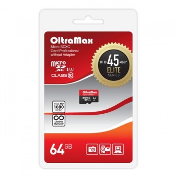 Карта памяти Oltramax 64GB microSDXC Class 10 UHS-1 Elite без адаптера SD 45 MB/s (Код: УТ000037807)