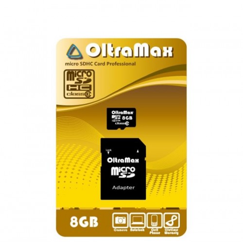 Карта памяти OltraMax 8GB microSDHC Class10 с адаптером SD (Код: 