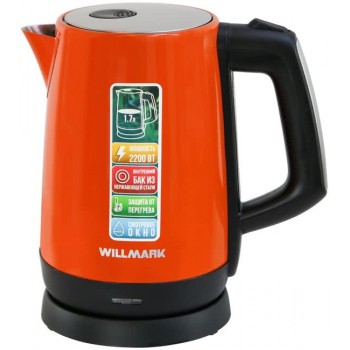 Чайник Willmark WEK-1758S (1.7л, нерж.сталь, смотр.окно, пов.на 360 град.,сетч.фильтр, 2200Вт,Оранж) (Код: УТ000032741)