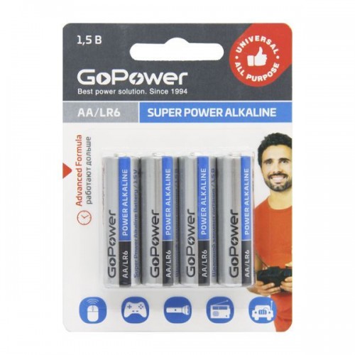 Элемент питания GoPower LR6 AA 4BL Alkaline 1.5V (4/48/576) (Код:...